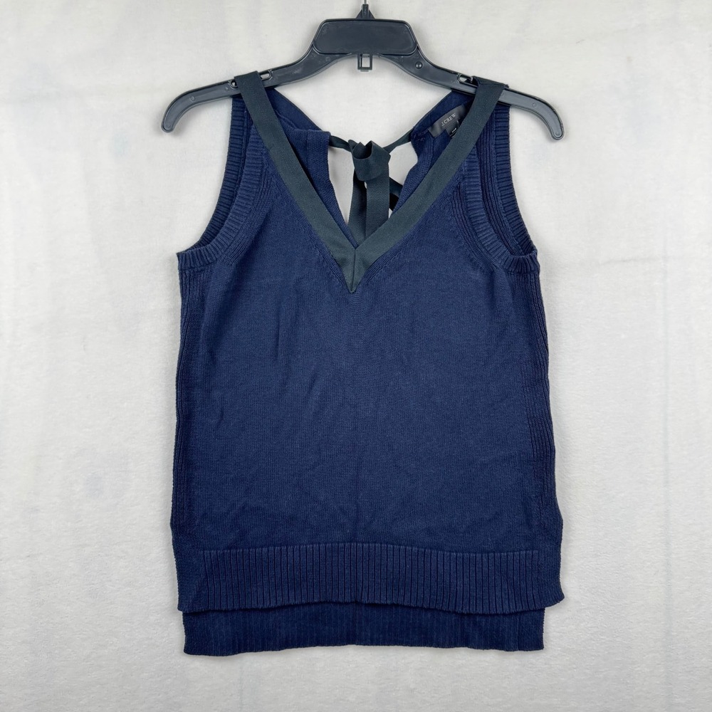 J. Crew Womens Sleeveless Knit Top XXS Navy Blue V-Neck‎ Ribbon Tie Back Casual